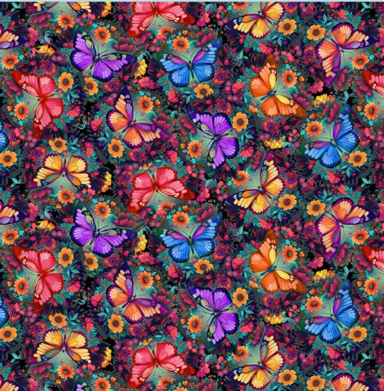 44" - Blank Quilting - Butterflies - "Turquoise" - 100% Cotton