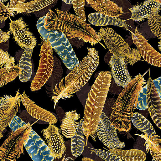 44"  -Benartex  -"Guilded Feathers"  Black - 100% Cotton