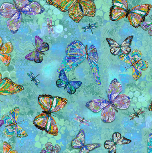 44"  - Windham Fabrics -  "Butterflies"  - Turquoise - 100% Cotton