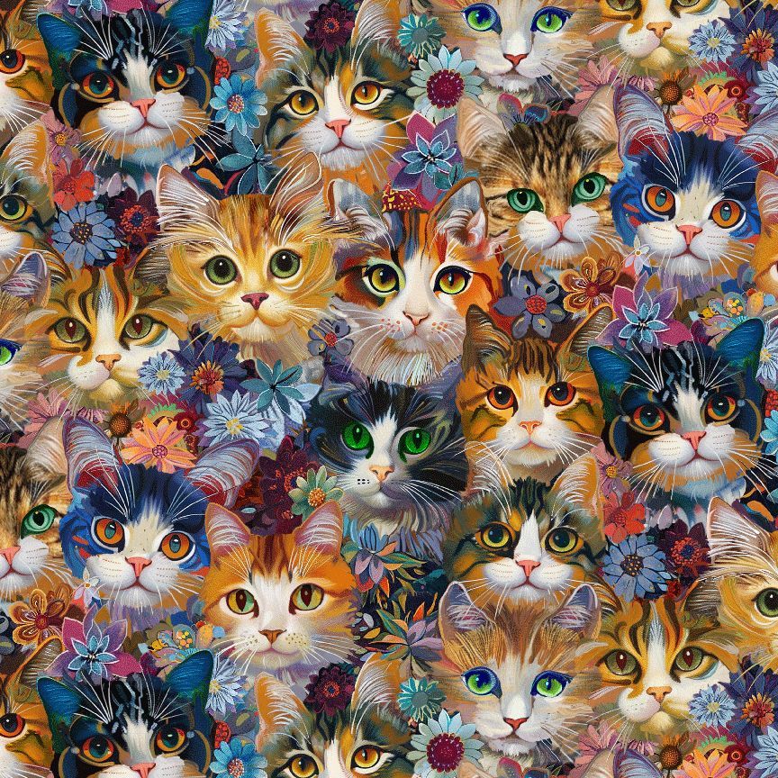 44" - Timeless Treasures - "PACKED CATS & FLORAL" - 100% Cotton
