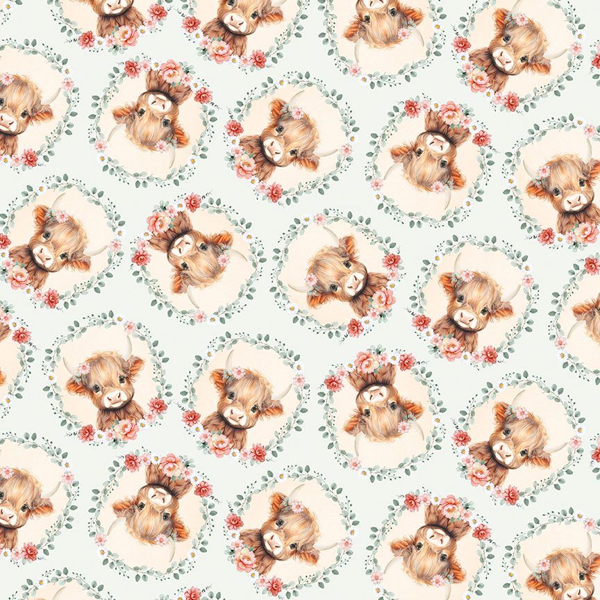 44" - Timeless Treasures - COW HEADS & FLORAL - 100% Cotton