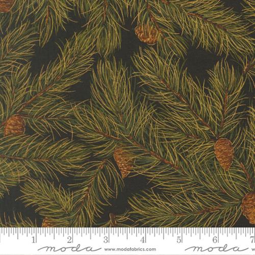44" - Moda - "Merry Manor Metallic" Christmas Pine Cones - Ebony- 100% Cotton