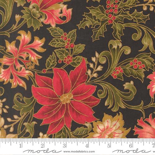 44" - Moda - "Merry Manor Metallic" Poinsettia Large Floral Jacobean - Ebony - 100% Cotton
