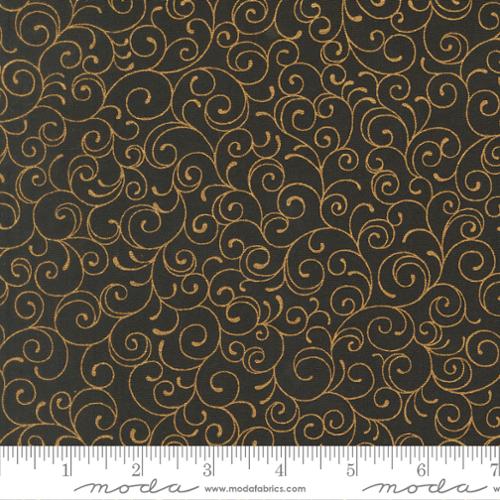 44" - Moda - "Merry Manor Metallic" Swirls - Ebony - 100% Cotton