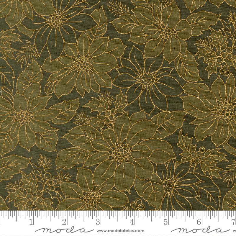 44" - Moda - "Merry Manor Metallic" -Poinsettia Blooms Florals Damask - Evergreen - 100% Cotton