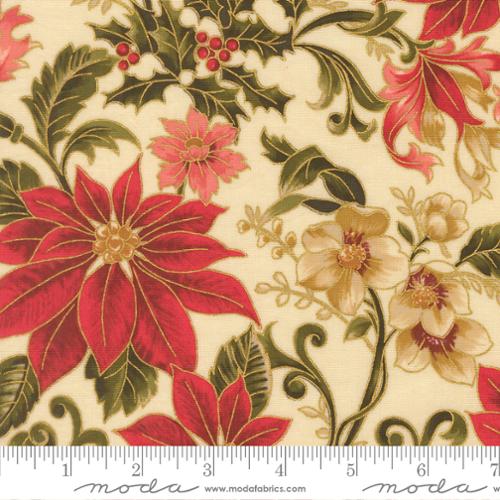 44" - Moda - "Merry Manor Metallic" -Poinsettia Large Floral Jacobean - Cream- 100% Cotton