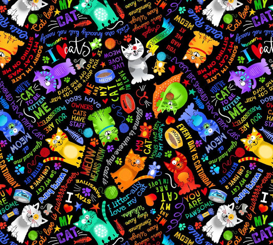 44" Timeless Treasures "I Love My Cat Sayings" - 100% Cotton