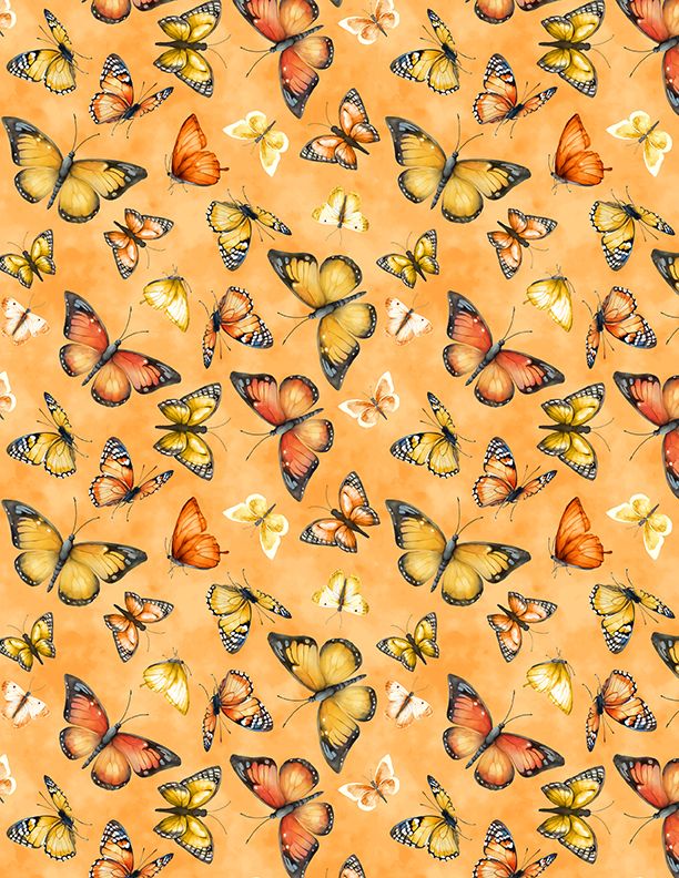 44"- Wilmington Prints "Butterflies" - Orange - 100% Cotton