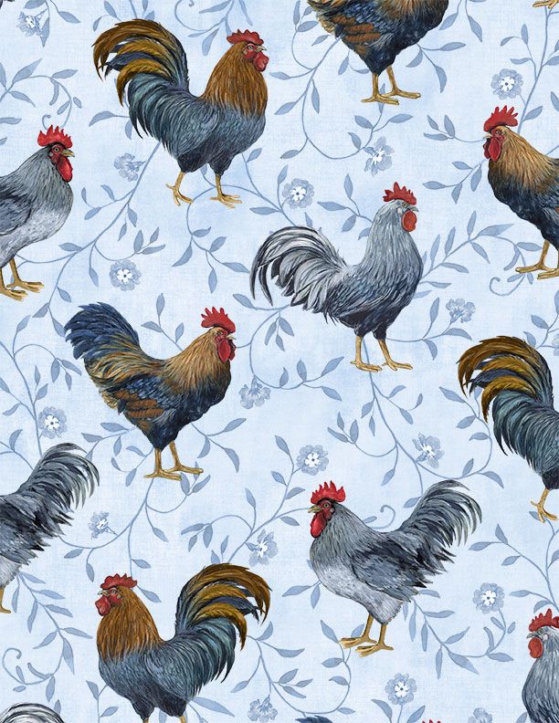44"- Wilmington Prints "Large Rooster Toss" - Light Blue - 100% Cotton
