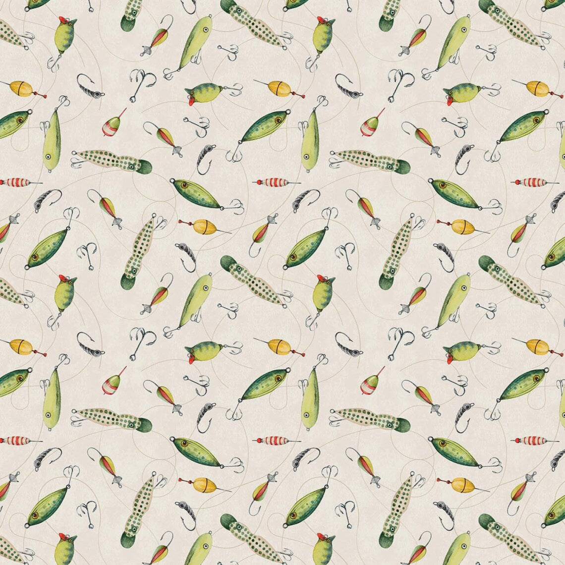 44" - Wilmington Prints - Reeled In- "Lures Toss" - White - 100% Cotton