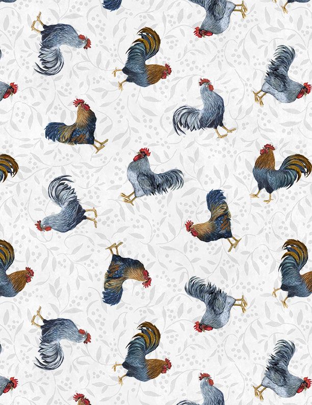 44"- Wilmington Prints "Rooster Toss" - Gray - 100% Cotton