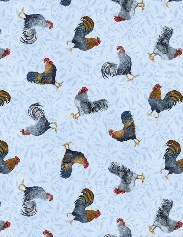 44"- Wilmington Prints "Rooster Toss" - Light Blue - 100% Cotton