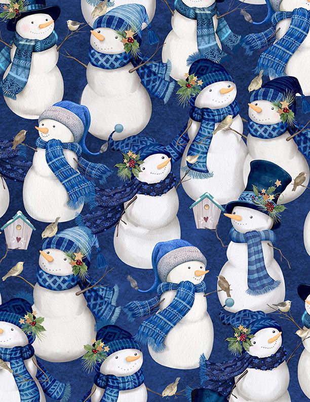 44" - Wilmington Prints - "Packed Snowmen - Blue/White" - 100% Cotton