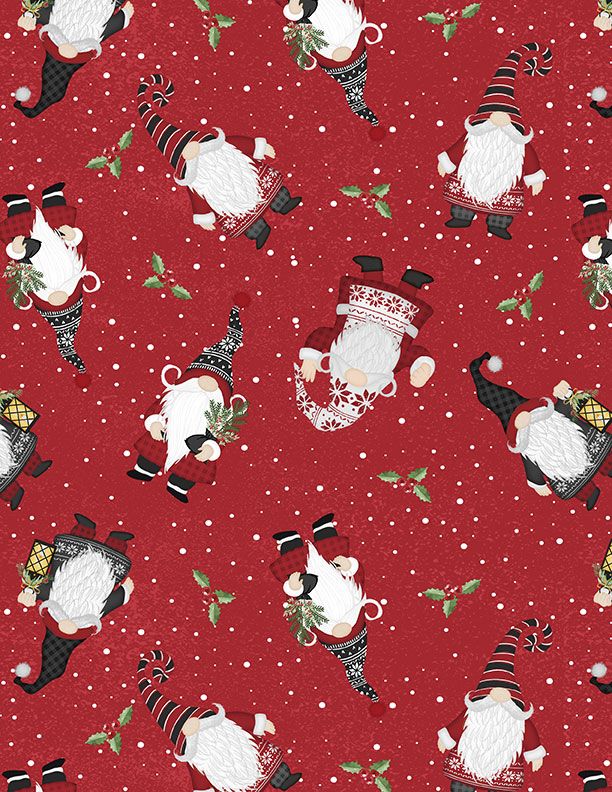 44" - Wilmington Prints - "Snowy Gnomies - Red/Black" - 100% Cotton