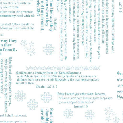 44"  -Benartex  -"Old Testament Verses"  White/Turquoise- 100% Cotton