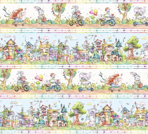 44" - "P&B Textiles - Whiskerville Animal Friends - Scenic Stripe - 100% Cotton