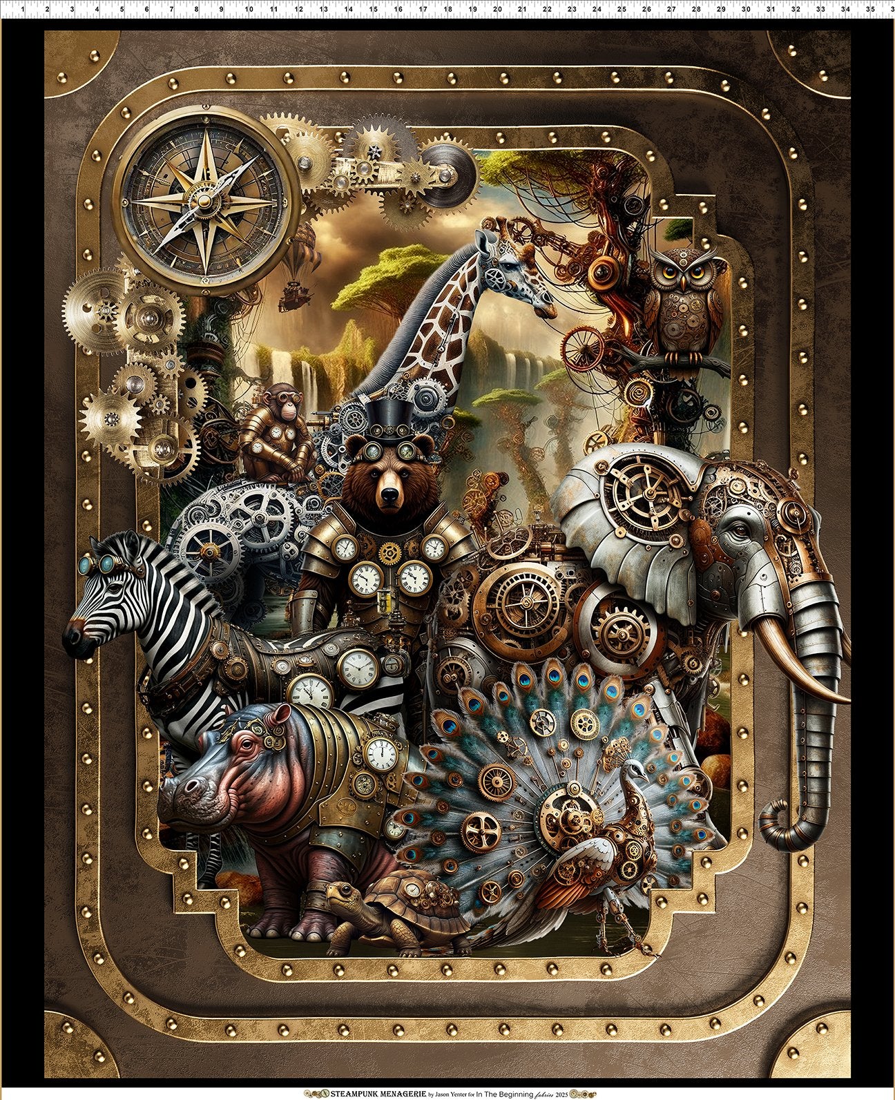 Panel -  In The Beginning Fabrics -  Steampunk Menagerie  - "Large Animals" -  36"x43" - 100% Cotton