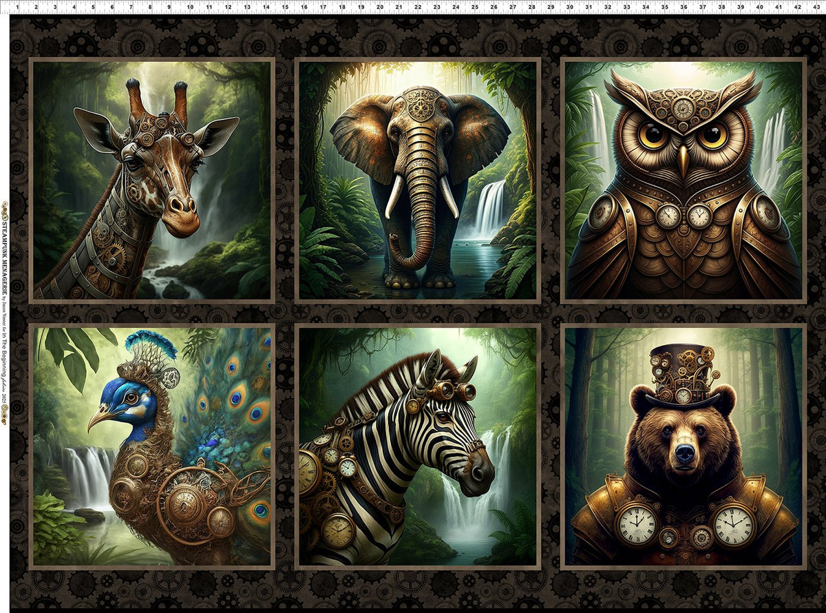 Panel -  In The Beginning Fabrics -  Steampunk Menagerie  - "Animals" -  30"x43" - 100% Cotton
