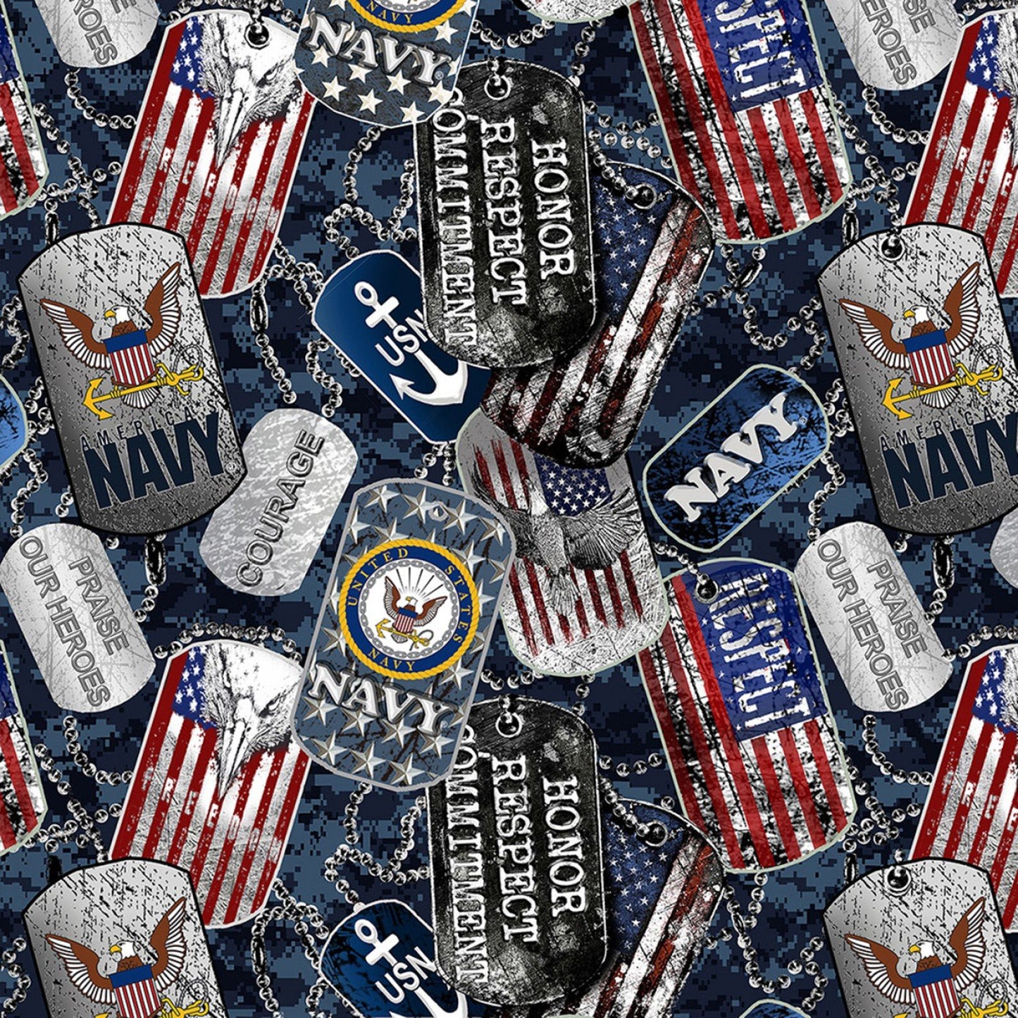44"- Sykel Fabrics - "Navy Dogtags" - 100% Cotton