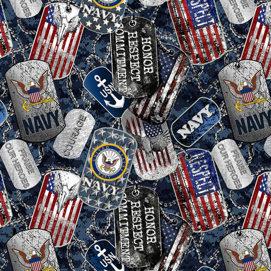 44"- Sykel Fabrics - "Navy Dogtags" - 100% Cotton