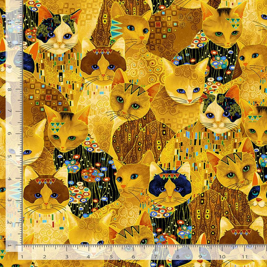44" -Timeless Treasures GOLDEN BEJEWELED CATS - 100% Cotton