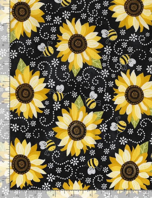 44" -Timeless Treasures SUNFLOWER & BEE - Black- 100% Cotton
