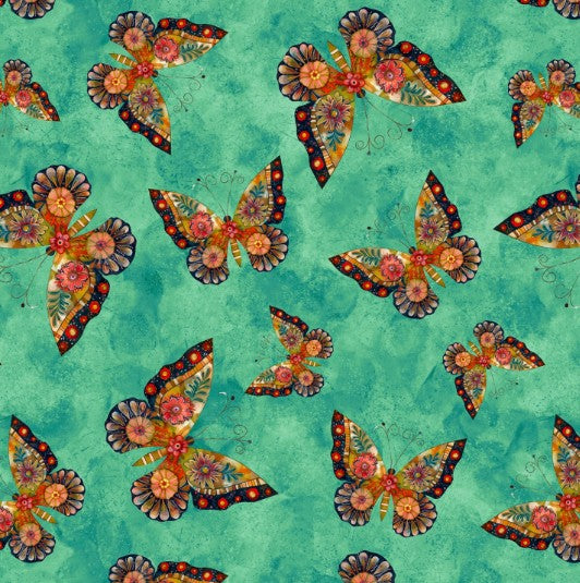 44"  - Blank Quilting - Butterflies - "Teal" -  100% Cotton