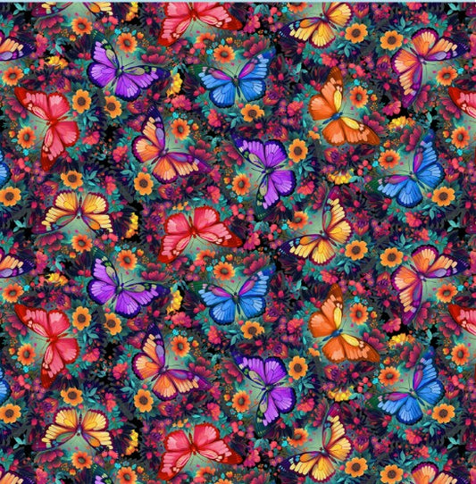 44"  - Blank Quilting - Butterflies - "Turquoise" -  100% Cotton