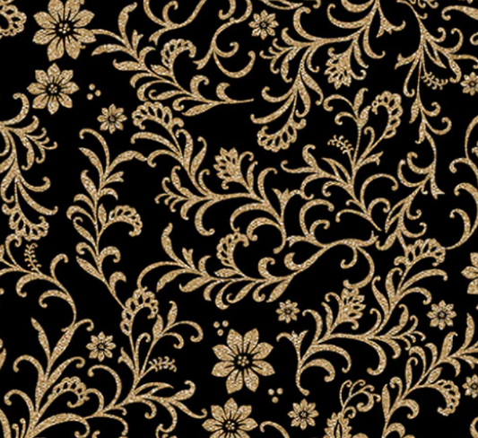 44"  -Benartex Fabrics-"Holiday Vines" - Black - 100% Cotton