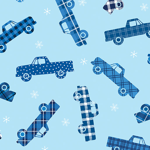 44"  -Benartex  -"Plaid Trucks"  Lt Blue - 100% Cotton