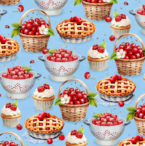 44" -Wilmington Prints - "Blue Cherry Treats All Over"  - 100% Cotton