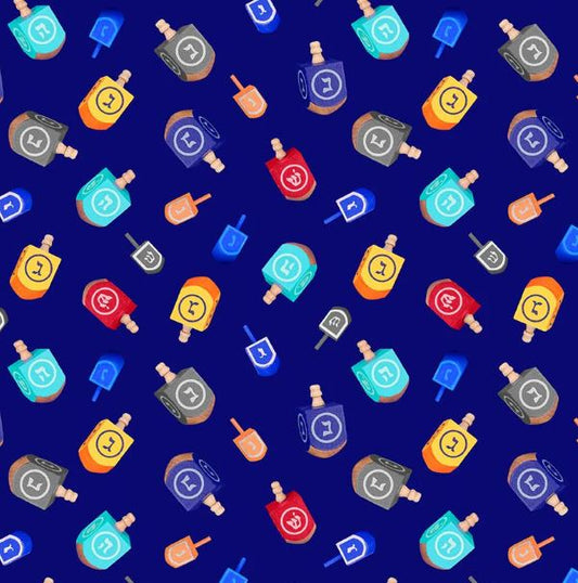 44"  -Benartex "Festival of Light Dreidel Song"  Dk Blue- 100% Cotton