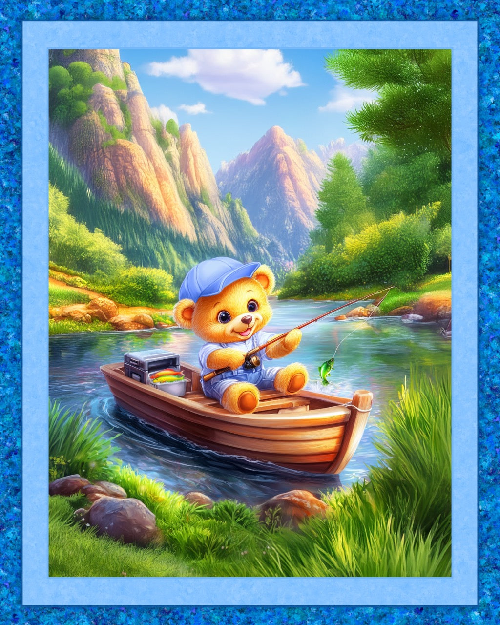 Panel  - "Fishing Teddy"  -  44"x24" - 100% Cotton