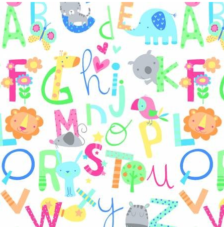 44"  - Flannel -  "Alphabet and Animals"  - White - 100% Cotton