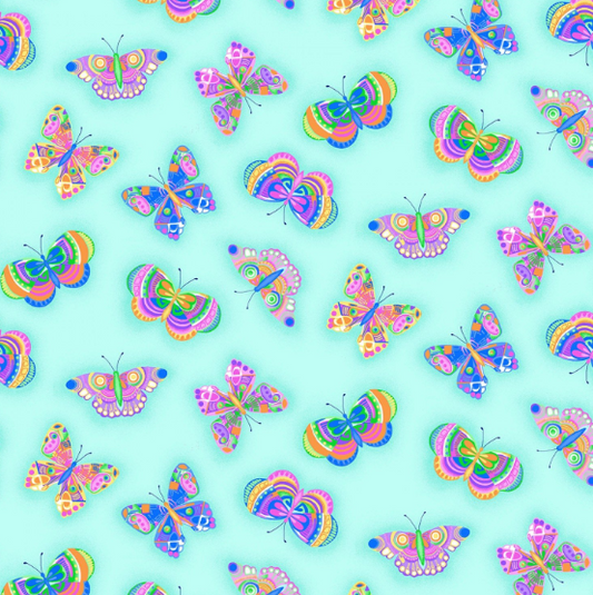 44"  - Flannel -  "Butterflies"  - Green - 100% Cotton
