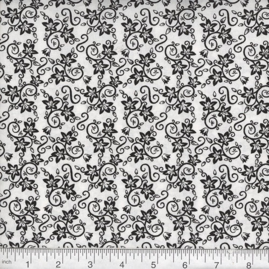 44"- "Florals and Swirls" - Black on White- 100% Cotton