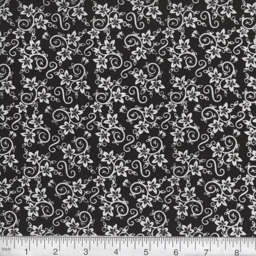 44"- "Florals and Swirls" - White on Black- 100% Cotton