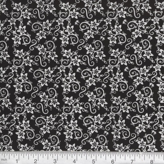 44"- "Florals and Swirls" - White on Black- 100% Cotton