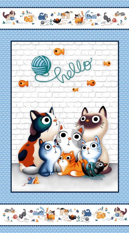 Panel -"Hello"  - Cats - Michael Miller - 22"x 44"- 100% Cotton