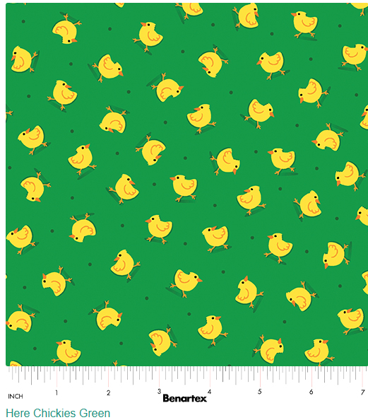 44"  - Benartex - "Here Chickies"- Green - 100% Cotton