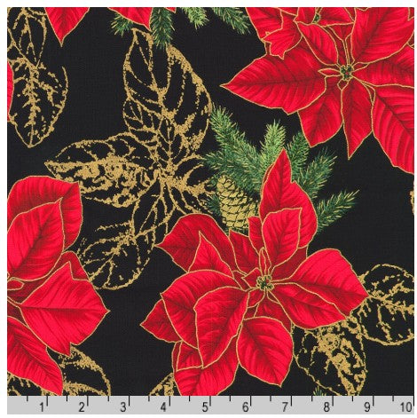44"  - Robert Kauffman -  "Holiday Flourish - Forest Glen"  Black-  100% Cotton