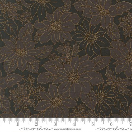 44"  - Moda -  "Merry Manor Metallic"  - Poinsettia Blooms Florals Damask- Ebony -  100% Cotton