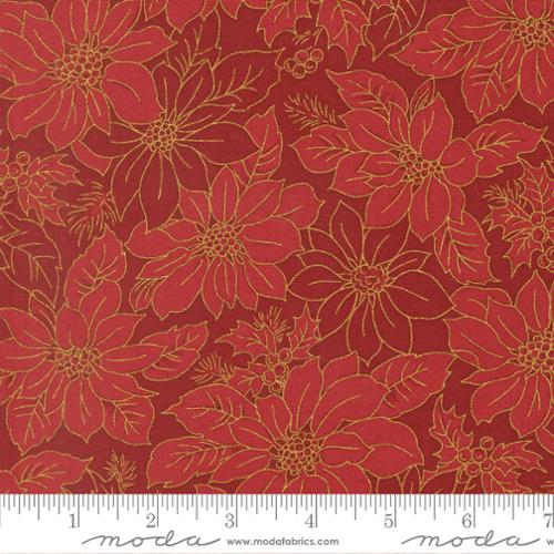 44"  - Moda -  "Merry Manor Metallic"  -Poinsettia Blooms Florals Damask - Crimson -  100% Cotton
