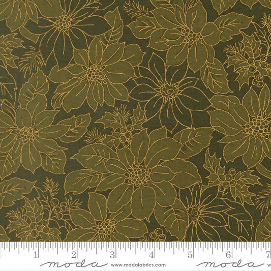 44"  - Moda -  "Merry Manor Metallic"  -Poinsettia Blooms Florals Damask - Evergreen -  100% Cotton
