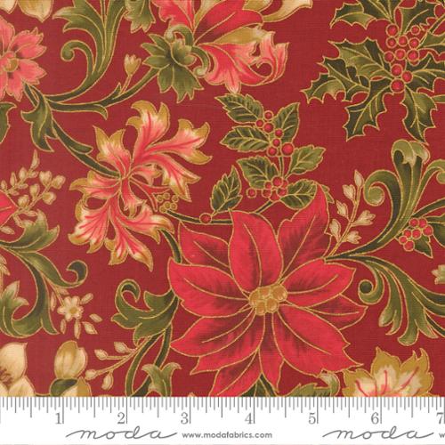 44"  - Moda -  "Merry Manor Metallic"  -Poinsettia Large Floral Jacobean - Crimson-  100% Cotton