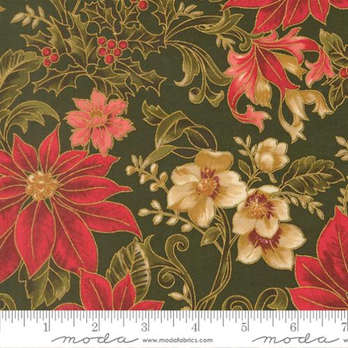 44"  - Moda -  "Merry Manor Metallic"  -Poinsettia Large Floral Jacobean - Evergreen-  100% Cotton