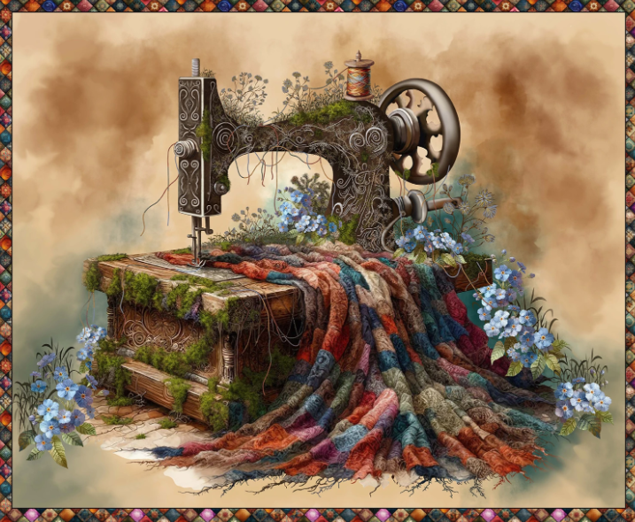Panel -Blank Quilting - "Vintage Sewing Machine" - 100% Cotton Quilt Panel  36"x44"