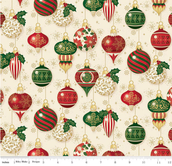 44"  - Riley Blake -  " Christmas Ornaments Cream Foil"  -  100% Cotton