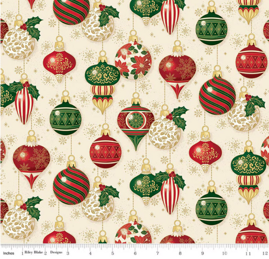 44"  - Riley Blake -  " Christmas Ornaments Cream Foil"  -  100% Cotton