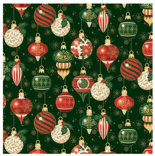 44"  - Riley Blake -  "Ornaments Green Foil"  -  100% Cotton
